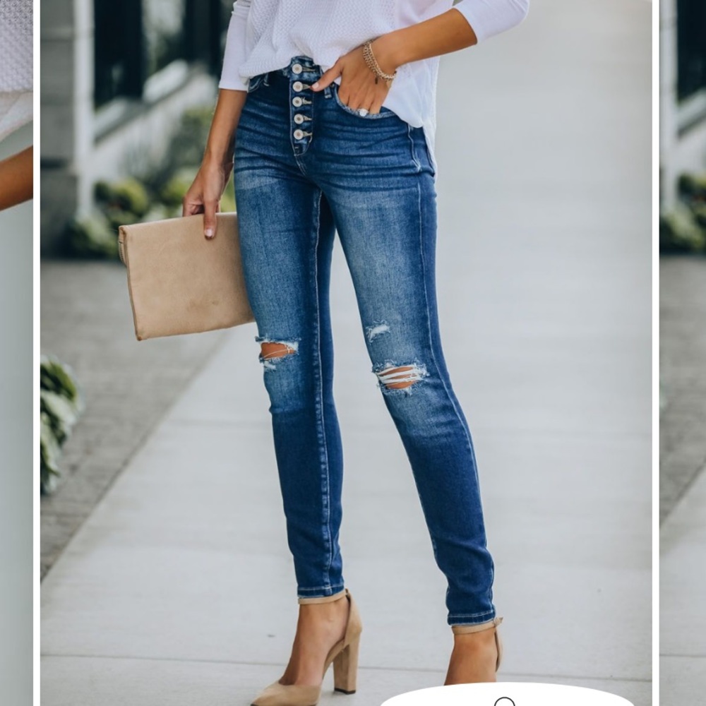 High rise, button front skinny jeans